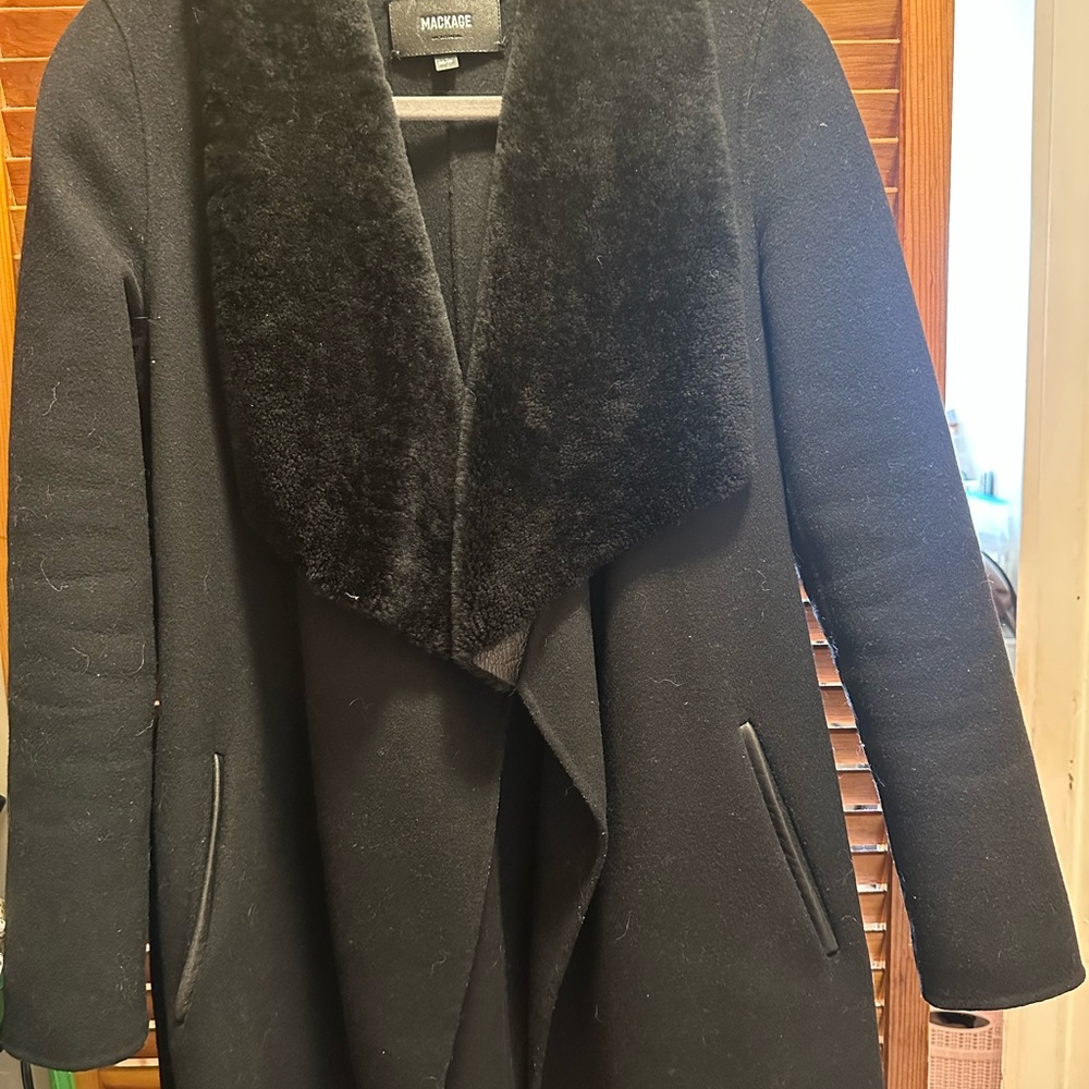 Mackage Black Trench Coat with Faux-Fur Shawl Collar